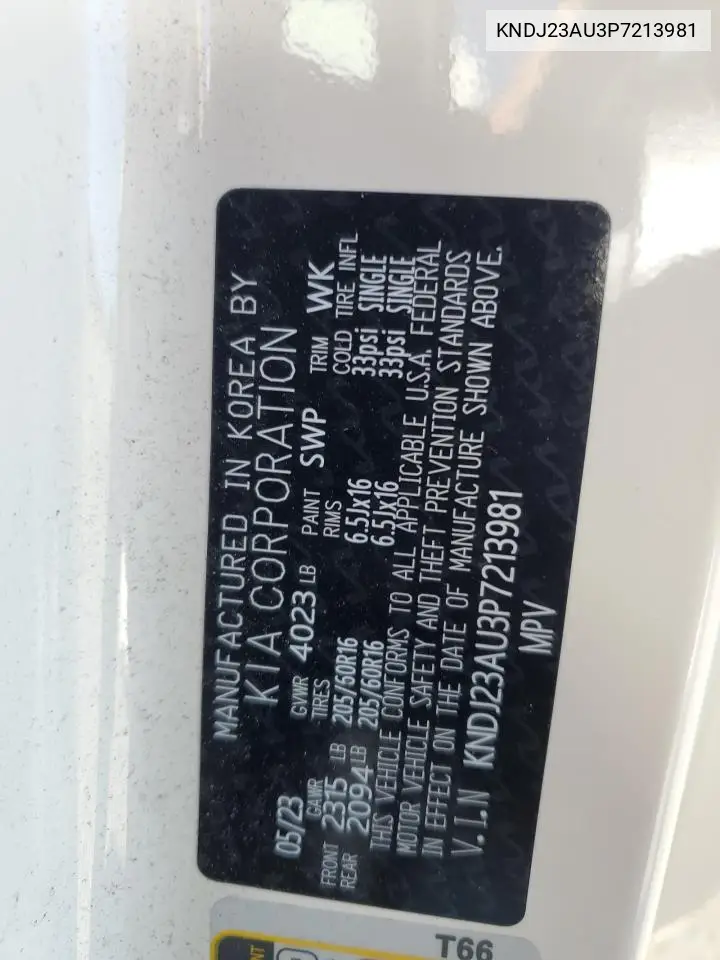 Auction sale of the 2023 Kia Soul , vin: KNDJ23AU3P7213981, lot number: 63465015