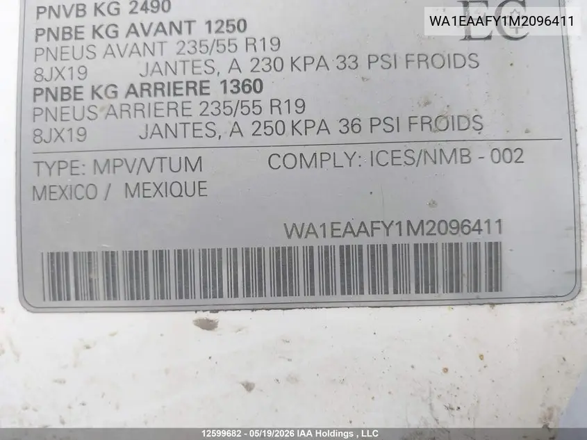 Auction sale of the 2021 Audi Q5 , vin: WA1EAAFY1M2096411, lot number: 12599682