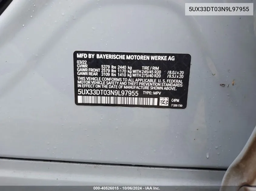 Auction sale of the 2022 BMW X4 , vin: 5UX33DT03N9L97955, lot number: 40526015