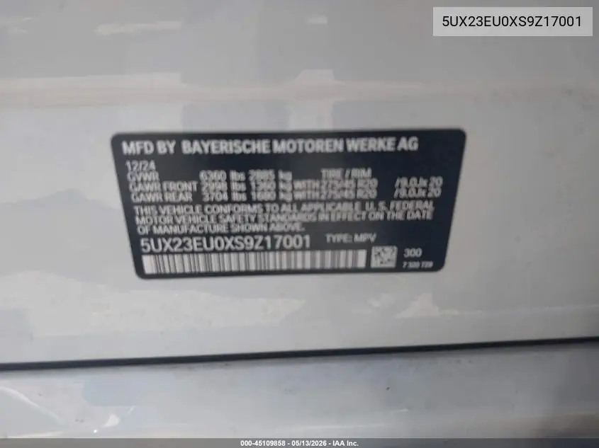 Auction sale of the 2025 BMW X5 , vin: 5UX23EU0XS9Z17001, lot number: 45109858