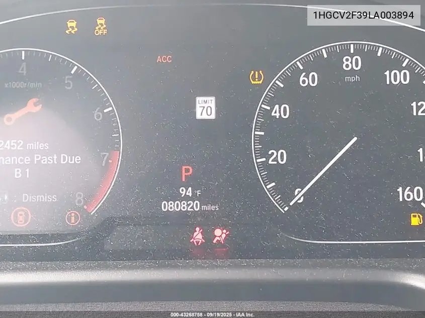 Auction sale of the 2020 Honda Accord , vin: 1HGCV2F39LA003894, lot number: 43268758
