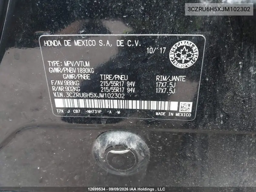 Auction sale of the 2018 Honda HR V , vin: 3CZRU6H5XJM102302, lot number: 12699534