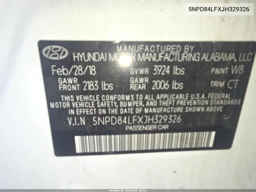 Auction sale of the 2018 Hyundai Elantra , vin: 5NPD84LFXJH329326, lot number: 44587740