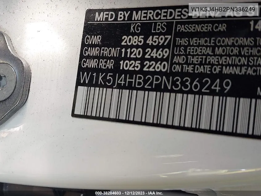 Auction sale of the 2023 Mercedes Benz CLA klasse , vin: W1K5J4HB2PN336249, lot number: 38284603
