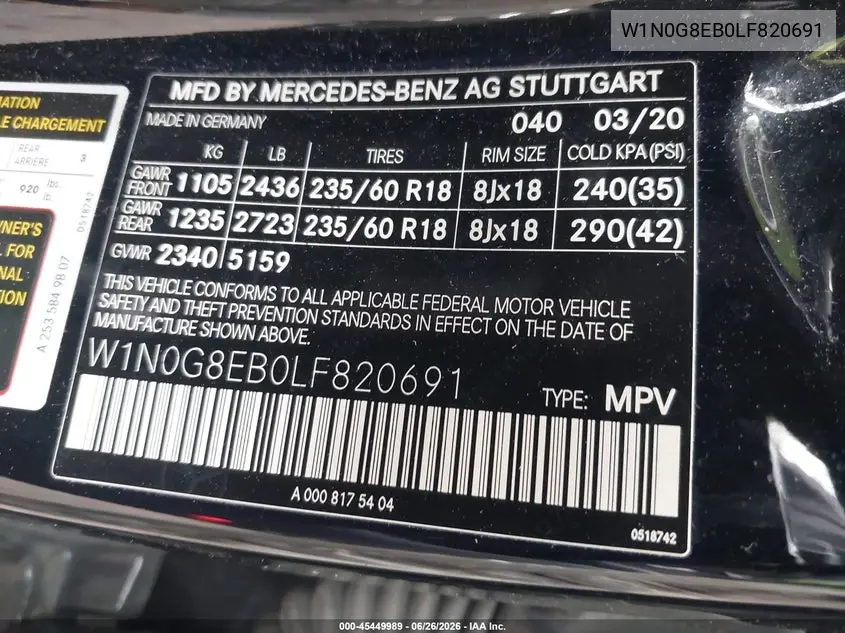 Auction sale of the 2020 Mercedes Benz GLC , vin: W1N0G8EB0LF820691, lot number: 45449989