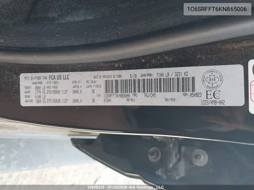 Auction sale of the 2019 RAM 1500 , vin: 1C6SRFFT6KN865006, lot number: 12658235