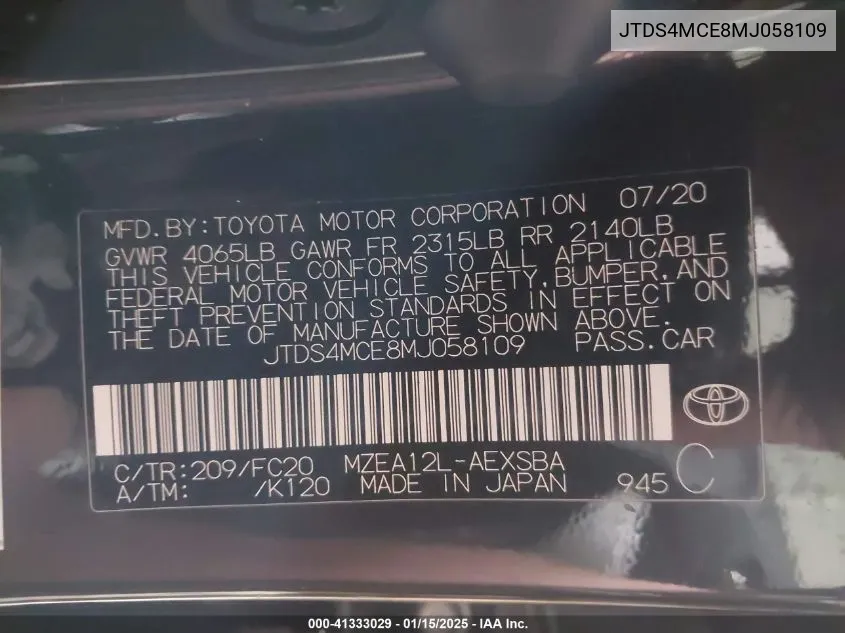 Auction sale of the 2021 Toyota Corolla , vin: JTDS4MCE8MJ058109, lot number: 41333029