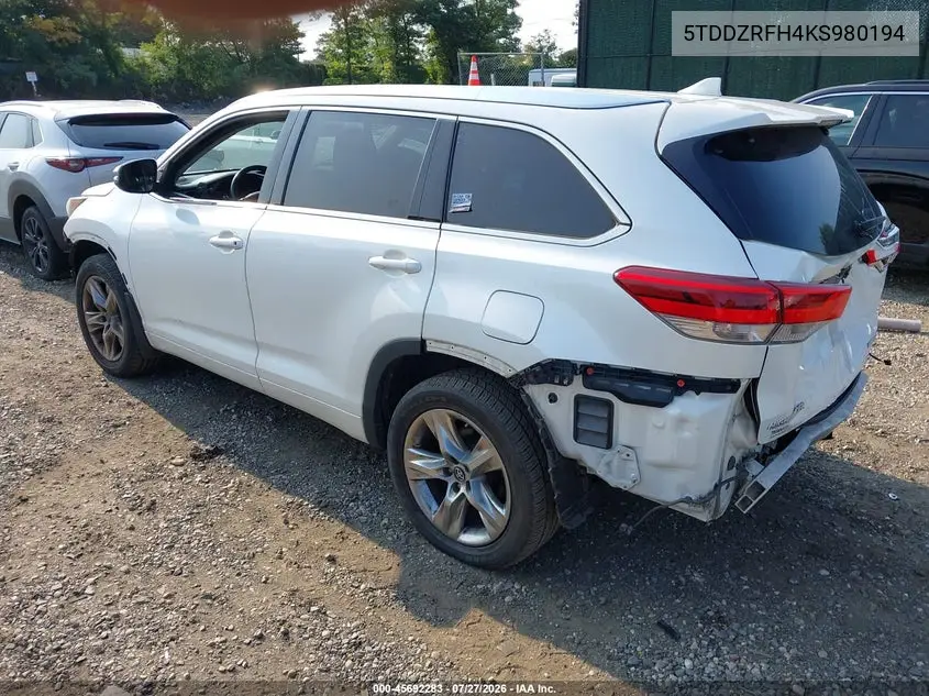 Auction sale of the 2019 Toyota Highlander , vin: 5TDDZRFH4KS980194, lot number: 45692283
