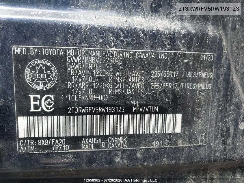 Auction sale of the 2024 Toyota RAV 4 , vin: 2T3RWRFV5RW193123, lot number: 12658902