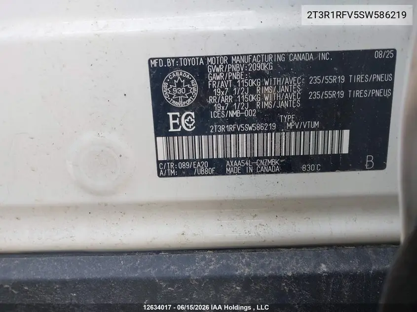 Auction sale of the 2025 Toyota RAV 4 , vin: 2T3R1RFV5SW586219, lot number: 12634017